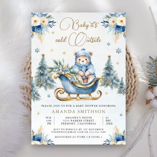 Winter Blue Gold Floral Teddy Bear Baby Dusche Einladung