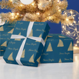 Winter Blue Gold Glitzer Weihnachtsbaumen      Geschenkpapier