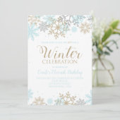 Winter Blue Gold Silber Schneeflocken Geburtstag Einladung (Stehend Vorderseite)
