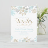 Winter Blue Gold Silber Schneeflocken Geburtstag Einladung (Stehend Vorderseite)