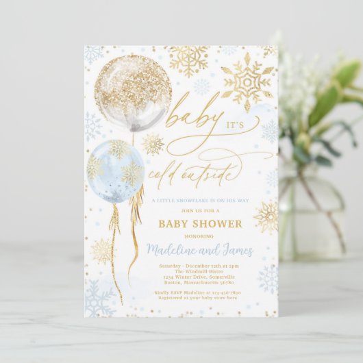 Winter Blue & Gold Snowflake Baby Dusche Einladung (Stehend Vorderseite)
