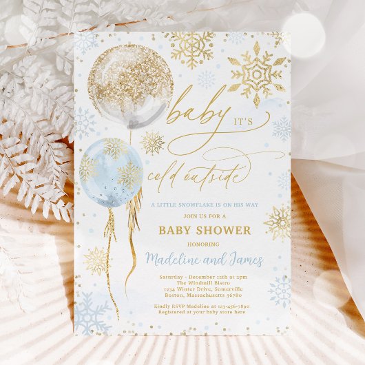 Winter Blue & Gold Snowflake Baby Dusche Einladung