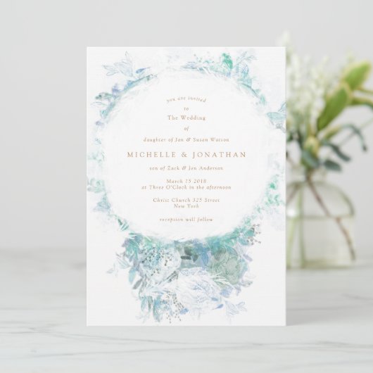 Winter Blue Green Blume Boho Wedding Einladung (Stehend Vorderseite)