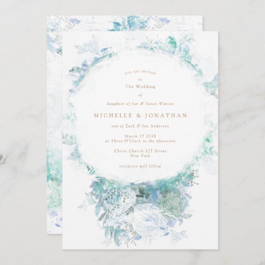 Winter Blue Green Blume Boho Wedding Einladung (Vorne/Hinten)