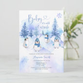 Winter Blue Hat Penguin Snowflakes Baby Dusche Einladung (Stehend Vorderseite)