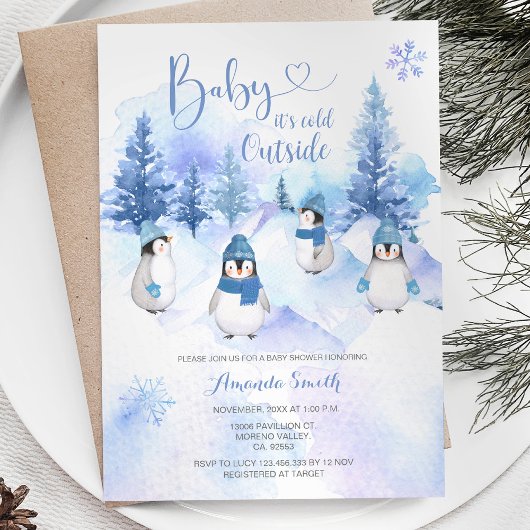 Winter Blue Hat Penguin Snowflakes Baby Dusche Einladung