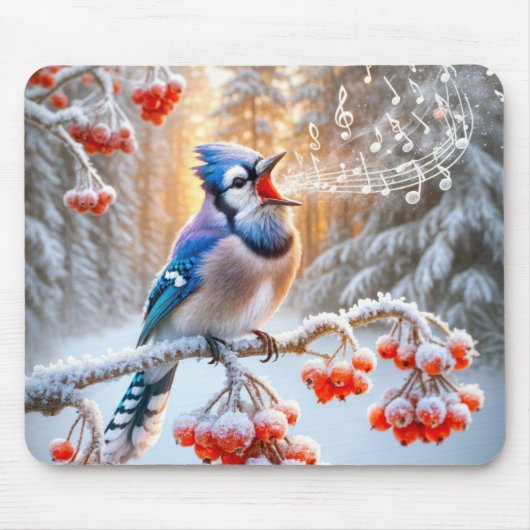 Winter Blue Jay singen auf Berry Tree Mousepad (Vorne)