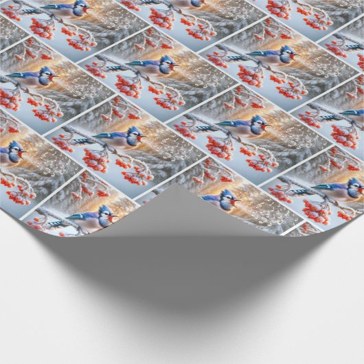 Winter Blue Jay Singing auf einem Berry Tree Geschenkpapier (Ecke)