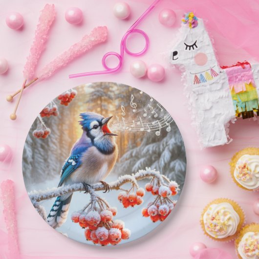 Winter Blue Jay Singing auf einem Roten Berry Tree Pappteller (Party)