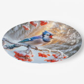 Winter Blue Jay Singing auf einem Roten Berry Tree Pappteller (Schrägansicht)