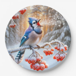 Winter Blue Jay Singing auf einem Roten Berry Tree Pappteller