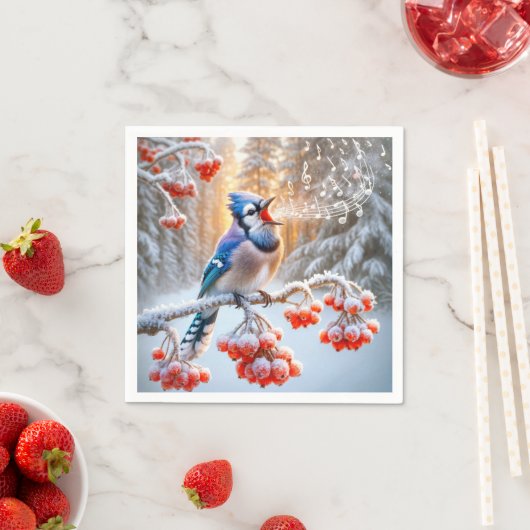 Winter Blue Jay Singing auf einem Roten Berry Tree Serviette (Beispiel)