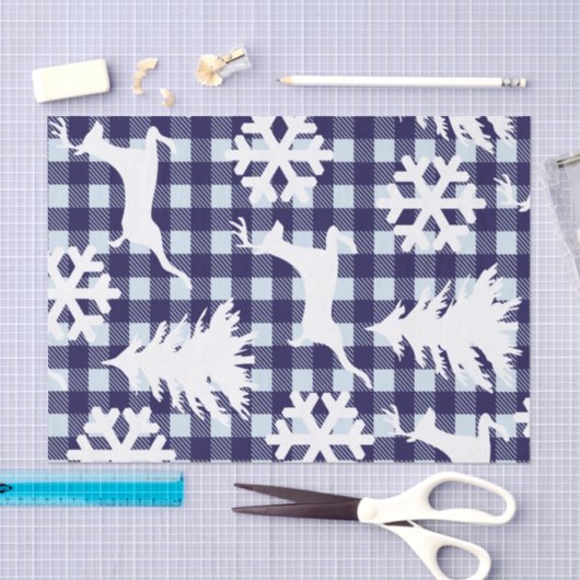 Winter Blue Kariert Weiße Hirsche Schneeflocken &  Seidenpapier (Handwerk)