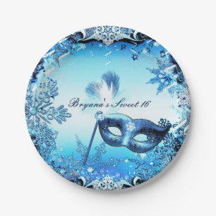 Winter Blue Masquerade Maske & Schneeflocken Elega Pappteller