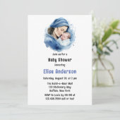 Winter Blue Mother & Child Boy Baby Dusche Einladung (Stehend Vorderseite)
