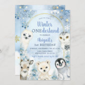 Winter Blue Onederland Waldtiere Geburtstag Einladung (Vorne/Hinten)