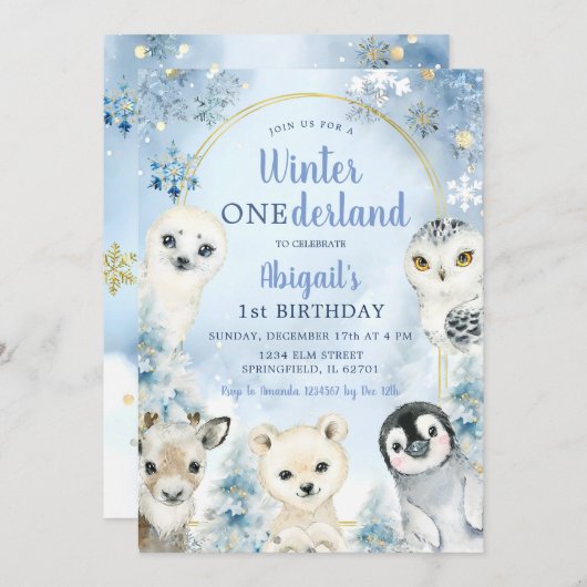 Winter Blue Onederland Waldtiere Geburtstag Einladung (Vorne/Hinten)