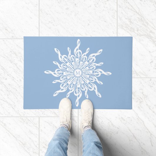 Winter Blue Ornamental Monogram G-Clef Snowflake Fußmatte (Indoor)