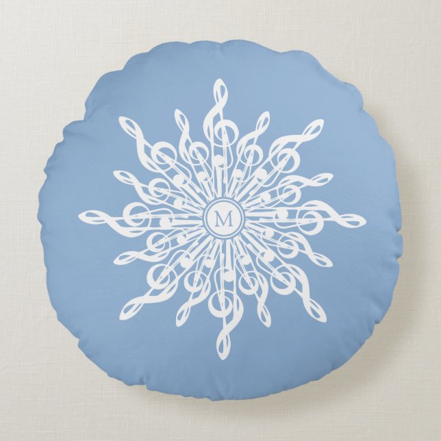 Winter Blue Ornamental Monogram G-Clef Snowflake Rundes Kissen (Vorderseite)