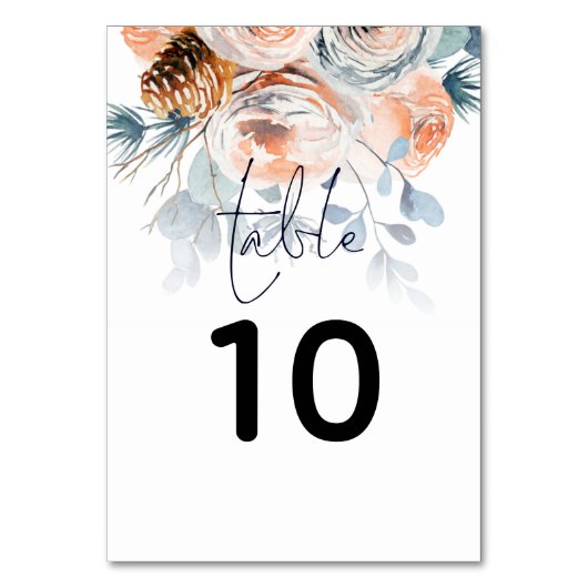 Winter Blue Peach Florals Script Wedding Tischnummer (Vorderseite)