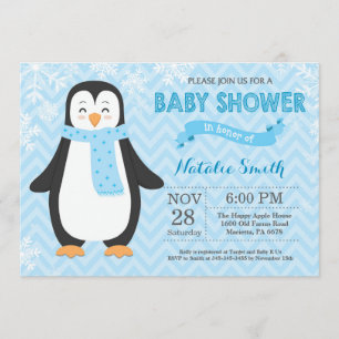 Winter Blue Pinguin Boy Baby Dusche Einladung