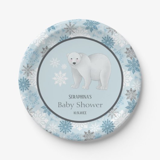 Winter Blue Polar Bear Snowflake Baby Dusche Pappteller (Vorderseite)