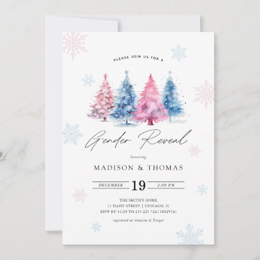 Winter Blue | Rosa Weihnachtsbaum - Genderdarstell Einladung (Vorderseite)