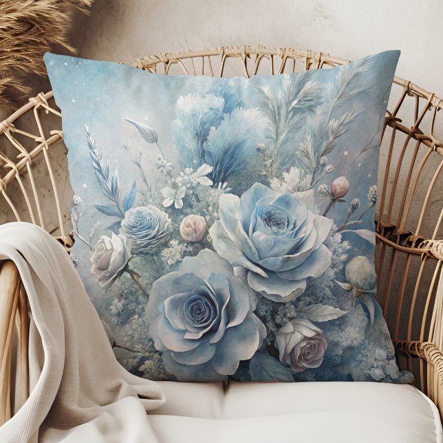 Winter Blue Rose Bouquet Decorative Pillow Kissen (Winter Blue Rose Bouquet Decorative Pillow in a boho rattan armchair.)