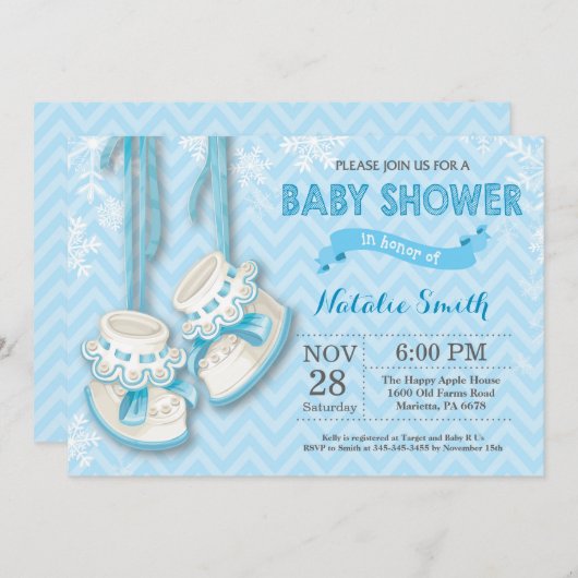 Winter Blue Shoes Boy Baby Dusche Einladung (Vorne/Hinten)