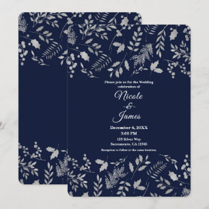 Winter Blue & Silver Blätter Botanische Hochzeit Einladung
