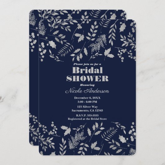 Winter Blue Silver Blätter Botanisches Brautparty Einladung (Vorne/Hinten)