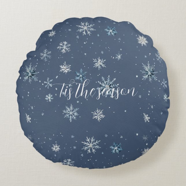 Winter Blue Silver Snowflakes Christmas Rundes Kissen (Vorderseite)