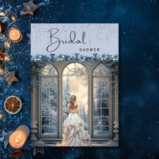 Winter Blue Snow Floral Elegantes Brautparty Einladung