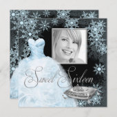 Winter Blue Snowflake Foto 16 . Geburtstag Party Einladung (Vorne/Hinten)