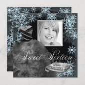 Winter Blue Snowflake Foto 16 . Geburtstag Party Einladung (Vorne/Hinten)