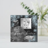 Winter Blue Snowflake Foto 16 . Geburtstag Party Einladung (Stehend Vorderseite)