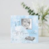 Winter Blue Snowflake Foto Quinceanera Einladung (Stehend Vorderseite)