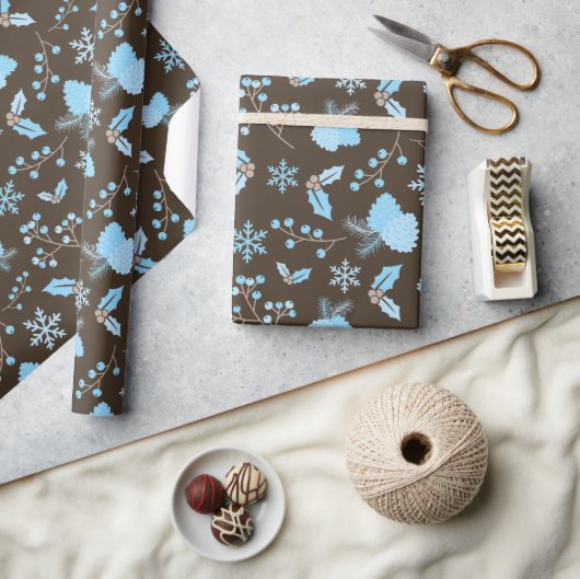 Winter Blue Snowflake Mistletoe Pinecone Unsichtba Geschenkpapier (Kunsthandwerk)