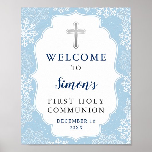 Winter Blue Snowflakes Boy Erste Heilige Kommune Poster (Vorne)