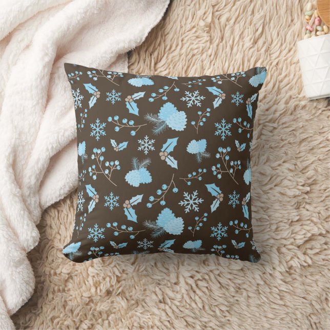 Winter Blue Snowflakes Mistletoe Pinecone Brown Kissen (Decke)