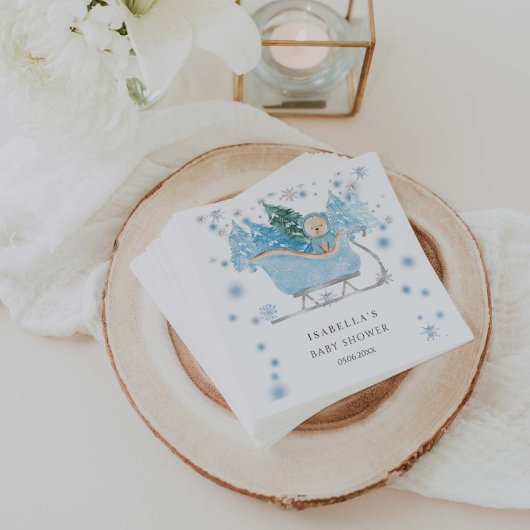 Winter Blue Teddy Bear Sleigh Boy Baby Dusche Serviette