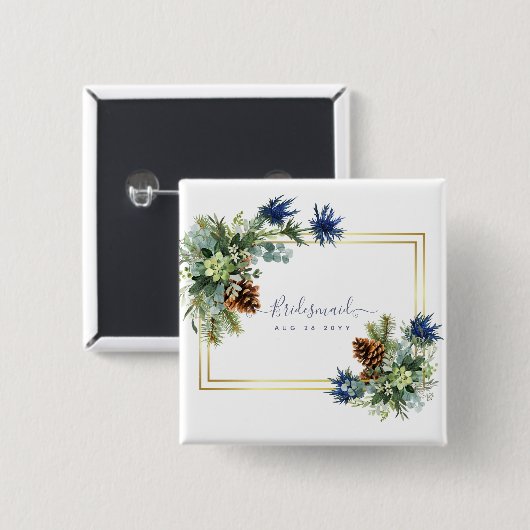 Winter Blue Thistle Eucalyptus Wedding Wonderland Button (Vorne & Hinten)