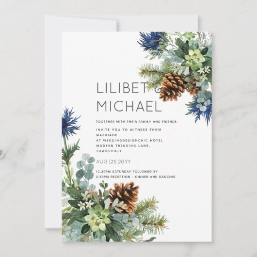 Winter Blue Thistle Eucalyptus Wedding Wonderland Einladung (Vorderseite)