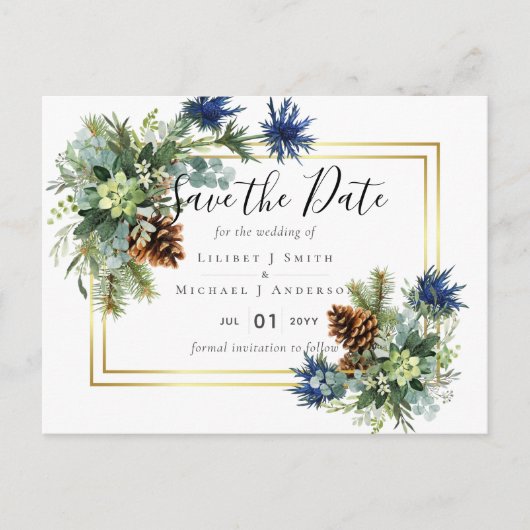 Winter Blue Thistle Eucalyptus Wedding Wonderland Postkarte (Vorderseite)