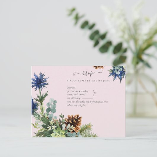 Winter Blue Thistle Eucalyptus Wedding Wonderland Postkarte (Stehend Vorderseite)
