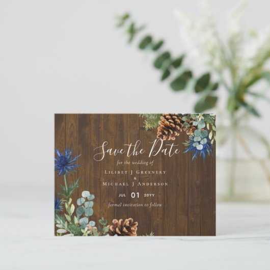 Winter Blue Thistle Eucalyptus Wedding Wonderland Postkarte (Stehend Vorderseite)