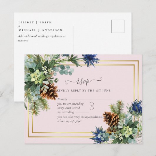 Winter Blue Thistle Eucalyptus Wedding Wonderland Postkarte (Vorne/Hinten)