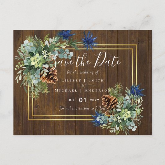 Winter Blue Thistle Eucalyptus Wedding Wonderland Postkarte (Vorderseite)