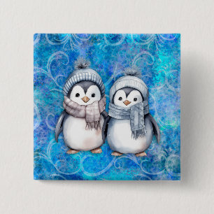 Winter Blue Watercolor Pinguine Scarves Hats Button