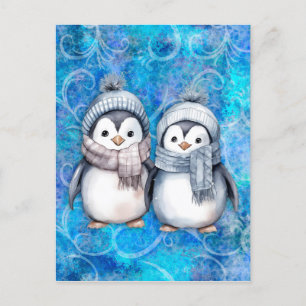 Winter Blue Watercolor Pinguine Scarves Hats Feiertagspostkarte